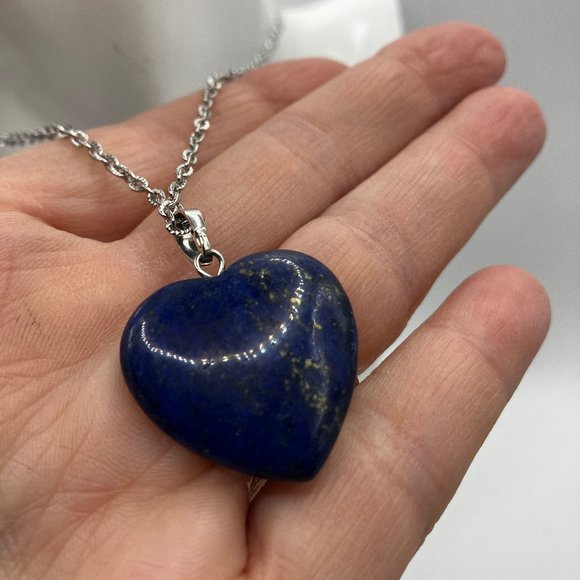 Genuine Lapis Lazuli Gemstone HEART Pendant 18 inch Stainless Steel Chain - Picture 12 of 16